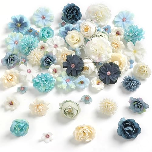 rongflower Faux Flower Heads Mini Blue White Artificial Flower Heads Fake Peony Daisy Rose Flowers Multicolor Small Silk Daisy Flower Heads for Craft Garland Wedding Party DIY Home Decoration,2-4 cm - color: Blue White