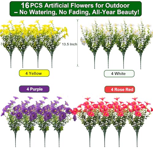 Grunyia 16 Bundles UV Resistant Artificial Morning Glory Flowers - Faux Silk Plastic Fake Flowers with Green Foliage for Outdoor Indoor Porch Patio Planter Yard Garden Home Decor - color: Mix(white,yelow,,purple, Rose Red)