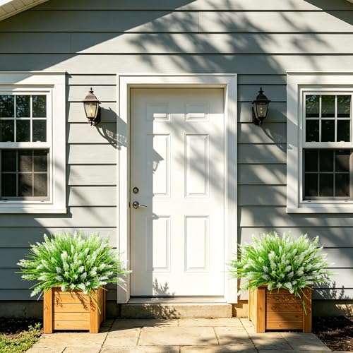 AmyHomie Artificial Plants & Flowers for Outdoors – 16 Bundles White Fake Lavender Flowers & Monkey Grass, UV Resistant Faux Greenery for Patio, Porch, Planter, Garden and Window Decor - color: Lavender White, size: 16