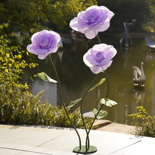 Giant Roses Artificial Flowers for Decoration with Stand,Oversized Handmade Paper Rose Decoration for Wedding, Party, Window Display, Photography Prop, Valentine’s Day & Event Decor(Purple) - color: Purple