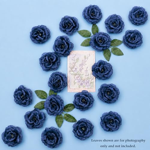Rose Artificial Flowers, 50Pcs White Roses Head Flowers Bulk with Stem, 3 Inches Silk Rose Fake Flower Head for Wedding Party Home Decor DIY Baby Shower Centerpieces Tables Decoration (Navy Blue) - color: Navy Blue