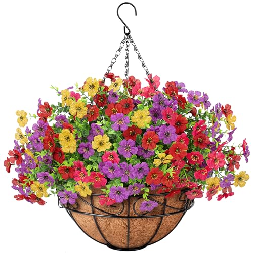 Artificial Fake Hanging Flowers Plants Basket Outdoors, Faux Silk UV Resistant Look Real Daisy Eucalyptus for Spring Summer Garden Porch Home Patio Balcony Yard Decorations, Multicolor - color: Multi Color