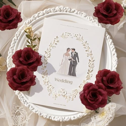 Rose Artificial Flowers, 50Pcs Red Roses Head Flowers Bulk with Stem, 3 Inches Silk Rose Fake Flower Head for Wedding Party Home Decor DIY Baby Shower Centerpieces Tables Decoration(Wine Red) - color: Wine Red