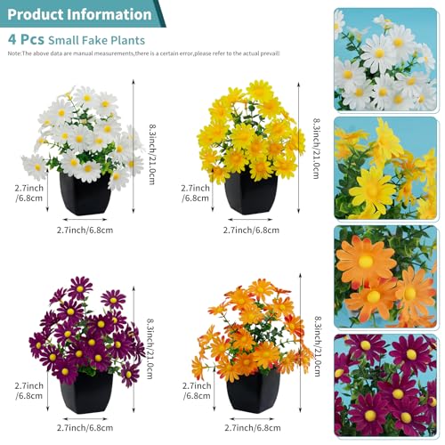 LOYWREE 4 Pack Small Faux Plants Spring Artificial Daisy Flowers Fake Plants Indoor Bathroom Accessories for Home Room Office Desk Decor(Black Square Pot) - color: Mums, size: Black Pot