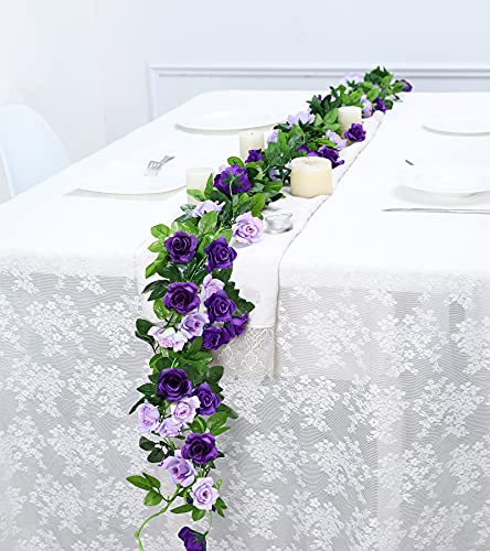 Floweroyal 2 Pack Artificial Flower Garlands 15.8FT Fake Rose Vines Silk Flowers Hanging Rose Ivy for Wedding Arch Party Home Garden Wall Decor (Purple) - color: Purple, size: 2pcs