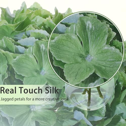 Deep Green Artificial Hydrangea Flowers in Glass Vase with Faux Water, 3 Stems Lifelike Fake Floral Arrangement, UV-Resistant Odorless Centerpieces for Dining Table Home Office Decor (7.9") - color: Deep Green Hydrangea