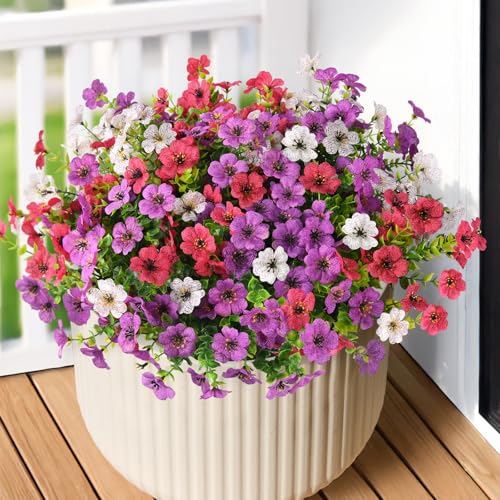 INQCMY Artificial Flowers for Outdoors Faux Plants Fake Flowers Spring Summer Decoration,12 Bundles Faux Silk Colorful Daisy Realistic UV Resistant for Outside Home Planter Window Porch Patio Yard - color: Purple White Rose Red, size: 12 PCS