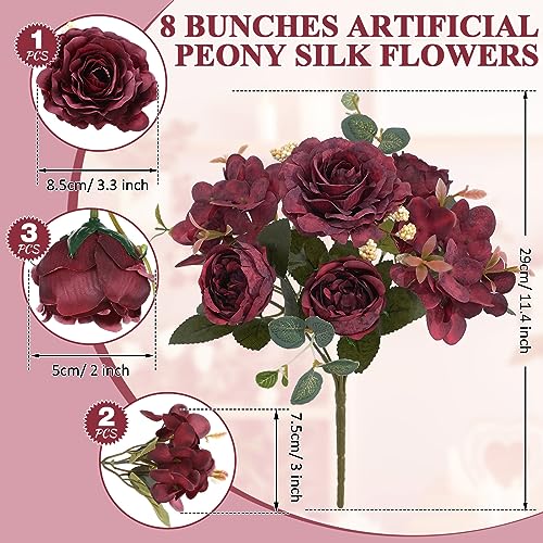 Yunsailing 8 Packs Artificial Peony Flowers Faux Silk Hydrangea Bouquet Vintage Wedding Home Table for Door Decor Reusable Bouquet of Rose Flowers for Valentine Wedding Birthday Party(Burgundy) - color: Burgundy, style: Hydrangea