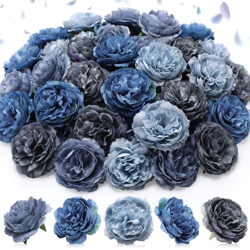 Thiccywoov 50 Pcs Artificial Flowers, 3.2 Inches Silk Rose Head Flowers Fake No Stem for Wedding Bridal Bouquet Home Floral Decor DIY Centerpieces Arrangements Party Tables Decorations(Grey Blue) - color: Grey Blue