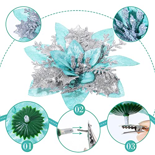 36 Pcs Christmas Glitter Artificial Poinsettia Flowers Xmas Poinsettia Artificial Wedding Flowers Decorations Xmas Tree Ornaments with Clips for Party, 6 Inch, 4 Inch, 3 Inch(Silver and Green) - color: Silver and Green