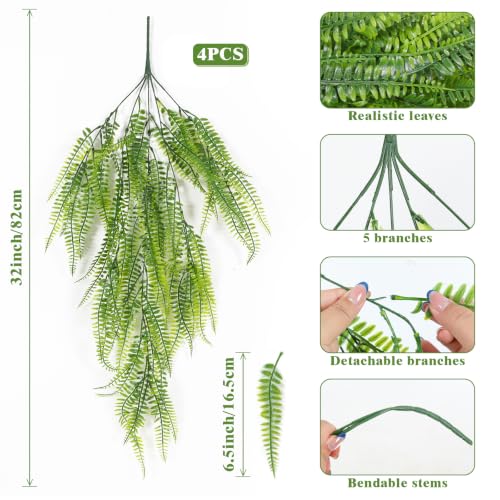 RECUTMS Artificial Hanging Plants 4 Pcs Ferns Plants Large Faux Artificial Hanging Plants Wall Plants Fake Ivy Room Decor Home Garden Wedding Party Indoor Outdoor Decorations(Green) - color: Green-4pcs