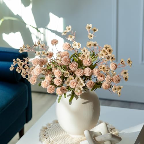 HyeFlora Faux Silk Pompon Mums Artificial Flowers for Vase Kiku Stems & Eucalyptus Floral Arrangement Dried Flowers Vintage Decorative Aesthetic for Home Vase Decor - color: 14pcs-beige Wax&kiku