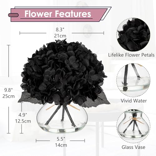 Hollyone Hydrangea Fall Flowers Artificial for Decoration with Glass Vase Black Silk Faux Flowers Arrangements in Vase with Faux Water Fake Floral Bouquet Table Centerpiece Halloween Home Decor - color: Hydrangea, Black
