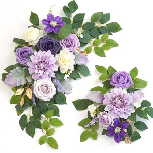 Wedding Decor Pack of 2 Welcome Sign Flower Backdrop Garland for Ceremony Reception Wall Easel Home Decoration Entryway Faux Outdoor Board Head Table Decor Lilac & Cream - color: Lilic & Cream