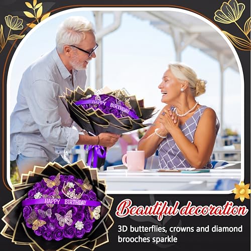 Money Bouquet Kit 12 Pcs Glitter Roses 20 Sheet Flower Wrapping Paper DIY Flower Bouquet Floral Foam Blocks Sticker for Anniversary Birthday Mother's Day Graduation(Purple) - color: Purple