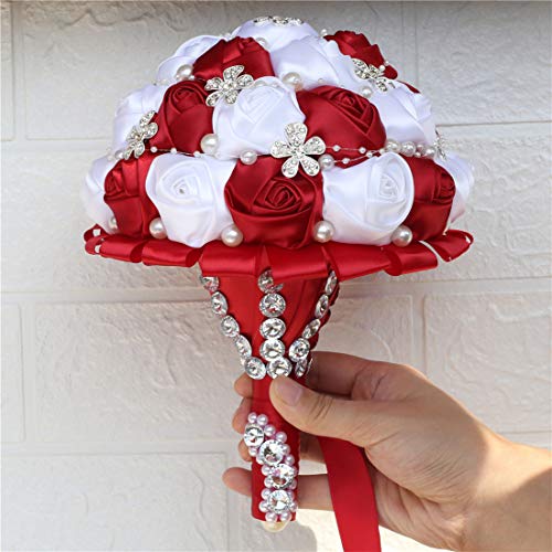 S_SSOY Wedding Bouquet Bride Bridal Brooch Bouquets Bridesmaid Bouquet Diamond Pearl Ribbon Valentine's Day Confession Party Church with Free Corsage Flower, Wine Red+White - color: Wine Red+white