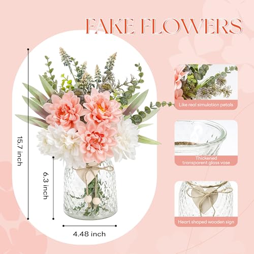 Der Rose Fake Flowers in Vase Silk Artificial Pink Flowers Arrangements with Glass Vase for Dinning Coffee Table Centerpieces Home Kitchen Farmhouse Wedding Decor - color: Pink