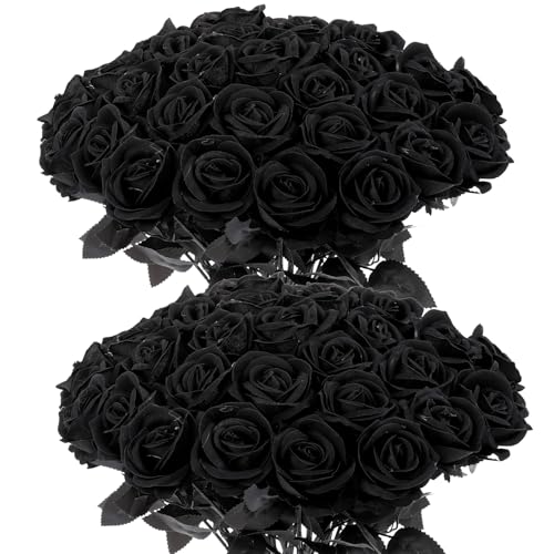 50Pcs Black Roses Artificial Flowers Fake Rose Faux Velvet Silk Flowers for Home Wedding Decoration (Pearl Roses - Pure Black) - color: Pearl Roses - Black Pure 50p
