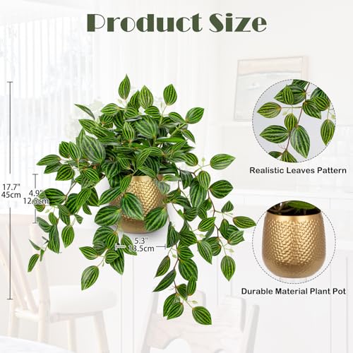 Briful Faux Plants Indoor 17.7in Fake Watermelon Peperomia Plant in Gold Pot with Realistic Silk Green Leaves Artificial Potted Plant for Home Office Table Shelf Desk Modern Room Decor - color: Watermelon Peperomia-gold Pot