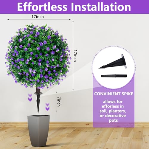 Yangrass Artificial Purple Flower Topiary Ball Trees with Ground Spike, Set of 2 UV Resistant Artificial Shrubs, Fake Evergreen Artificial Plant Bushes for Indoor Outdoor Front Porch Garden - color: Purple Flower