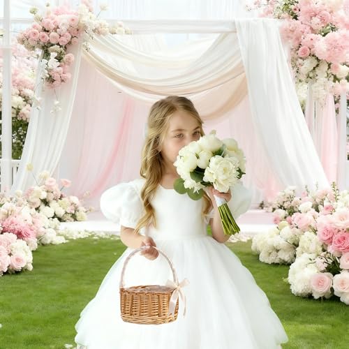 2 Pack Wicker Rattan Flower Girl Mini Basket, Handmade Wedding Flower Basket with Handle Silk Ribbon, Wicker Basket for Wedding Picnic Home Decor - size: Round Basket