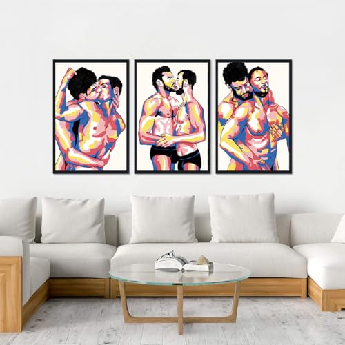 Large Triptych Gay Male Canvas Wall Art Colorful Couple Kiss Hug Posters Man Lover Abstract Love Prints Artwork Wall Decor for Apartment Bathroom Hotel Bar Framed Ready to Hand 24x36inchx3pcs - color: Art08, size: 24x36x3Pcs Black Framed