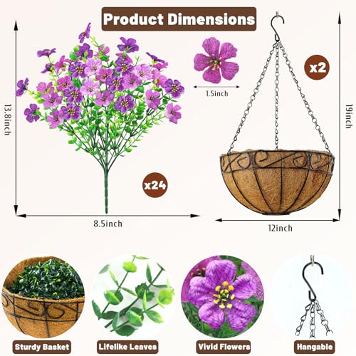2 Pack Artificial Hanging Flower Baskets for Outdoors, UV Resistant Faux Hanging Plants, 24 Pcs Fake Silk Flowers for Patio Garden Front Porch Balcony Decor, Purple Lotus - color: Purple Lotus