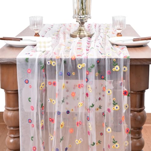 Joanlody 6pcs Ivory Embroidery Daisy Spring Summer Table Runner Florals Seasonal Tulle Table Runner for Home Garden Tea Party Holiday Birthday Decoration - color: Ivory, size: 10ft x 6pack