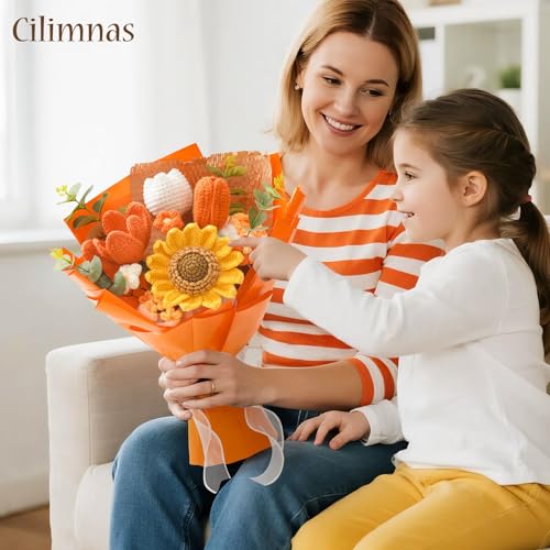 Crochet Flower Bouquet,Orange Knitted Flowers, Handmade Sunflowers Tulips Roses Bouquet for Valentine Day Birthday Anniversary Party Mother's Day Graduation Gifts(with Card) - color: Orange