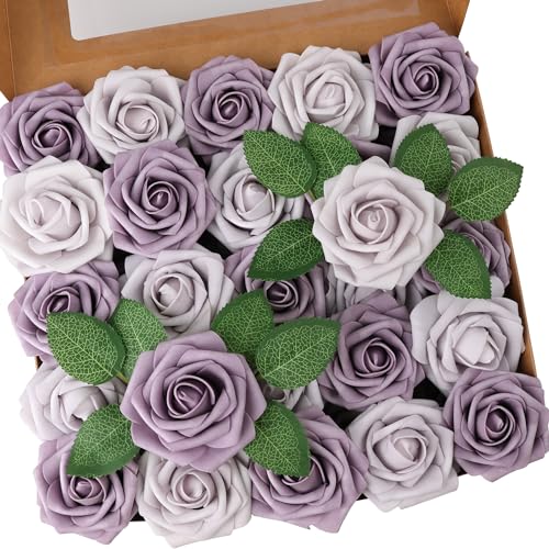 50pcs Artificial Flower，Real Touch Foam Roses w/Stem DIY for Wedding Bouquet Centerpieces Party Shower Home Decor-Violet Lavender Purple - color: Violet Lavender Purple