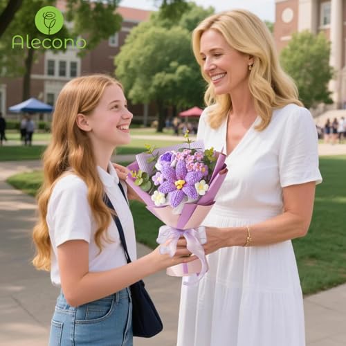 Alecono Crochet Flower Bouquet, Purple Knitted Flowers, Handmade Bouquet of Flowers for Lover Anniversary Birthday Party Mother's Day Graduation Teacher's Day Gifts (Include Card) - color: Purple B