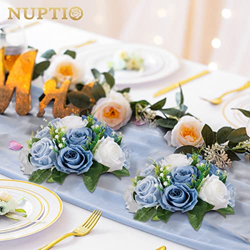 NUPTIO Flower Balls Table Centerpieces: Dusty Blue & White Fake Rose | 2 Pcs Artificial Floral Bouquet Arrangement for Wedding Bridal Shower Birthday Party Decor - color: Dusty Blue & White, size: 2 Pcs