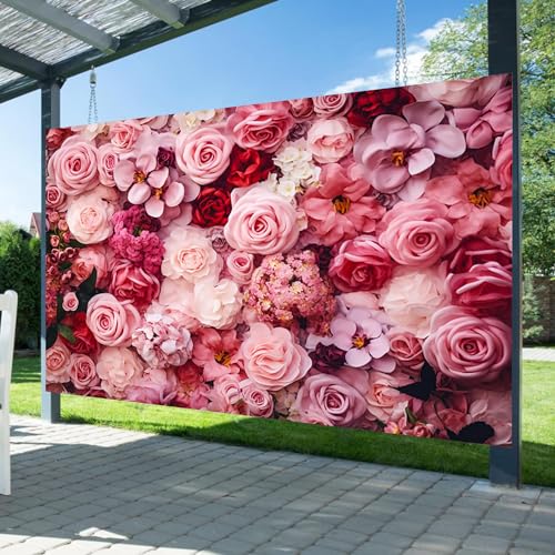 5x3ft Flower Backdrop Pink Red Rose Flowers Floral Wall Photography Background Birthday Baby Shower Wedding Party Banner Decorations Supplies Photo Booth Props - size: 5x3ft