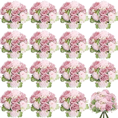 16 Bundles Artificial Flowers Peonies Bulk, Silk Fake Flower with Stems for DIY Bouquet Faux Peony Floral Arrangements for Vase Centerpiece Home Wedding Party Centerpiece(Pink) - color: Blush Pink