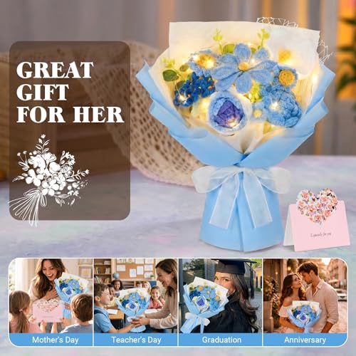 Crochet Flower Bouquet, Blue Handmade Knitted Flowers with Lights & Vase, Crochet Galsang Rose Daisy Flower for Mothers Day Graduation Wedding Lover Teacher Anniversary Birthday Gift (with Card & Bag) - color: Blue