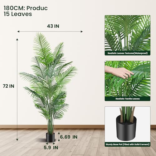 ANTING Artificial Areca Palm Plant Faux Tropical Tree 6.1FT, Fake Palm Tree Indoor Decor with 15Trunks for Home Office Garden Hotel Decor Gift（1pack）