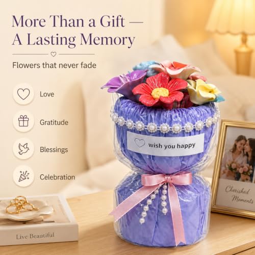 Porcelain Flower Bouquet - Handmade Ceramic Flowers Floral Arrangement, 6 Unique Blossoms, 6 inches Height, Shelf Living Room Decor, Ideal Gift for Mother’s Day, Birthdayr (Blue-Rose) - color: Blue-rose