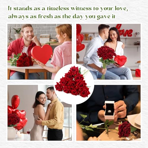Zeyune 10 Pcs Velvet Red Fake Roses Artificial Flowers, and Real to Touch Rose Faux Long Stem Florals for DIY Wedding Centerpieces Party Home Decor