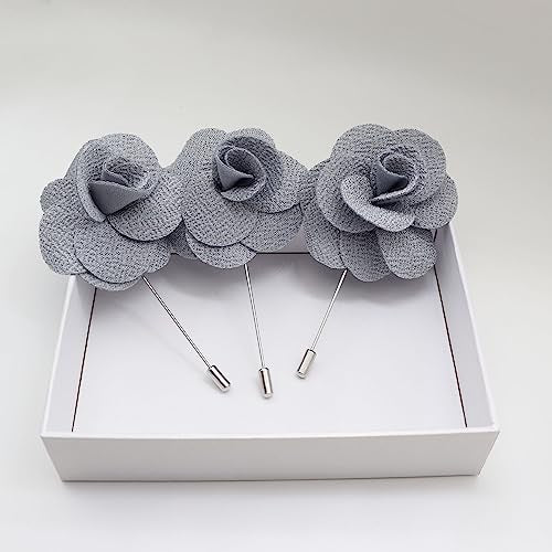 Rhungift Men's Camellia Flower Lapel Pin Handmade Rose Boutonniere Stick Brooch for Suits Wedding Party Groom Multicolor Men Women - color: Grey