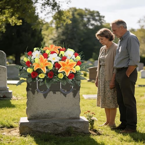 Cemetery Flower Saddle - grave flowers for cemetery,Artificial Rose, Lily & Orchid Arrangement for Headstone - All-Weather Grave Decor for Outdoor Tombstone Headstone Decorations (Red yellow) - color: Red Yellow