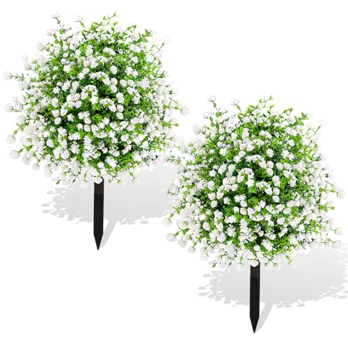 ENVEN Artificial Boxwood Topiary Ball Trees with Ground Spikes UV Resistant Faux Greenery Shrubs Fake Shrubs for Outdoors, Realistic Faux Plants Bushes for Garden Porch Yard Patio Decor (White Green) - color: White Green