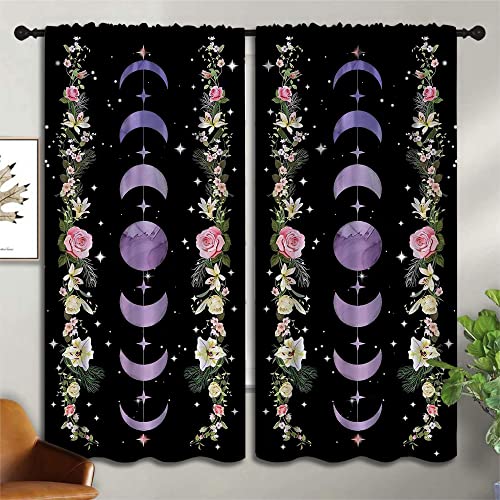 Purple Boho Floral Wildflower Rod Pocket Blackout Curtains for Boy Girl Bedroom, Moon Phase Moonlit Garden Witchy Gothic Aesthetic Light Filtering Window Drapes for Living Room Darkening,63x63 inch - color: Purple Boho Floral Wildflower-008, size: 63"W x