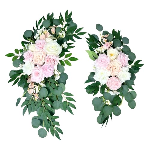 Petalivebioom Artificial Wedding Arch Flowers (Pack of 2), White Wedding Flowers for Wedding Welcome Ceremony Sign, Faux Floral Swags, Banquet and Reception Backdrop Floral Decoration (White & Pink) - color: White and Pink