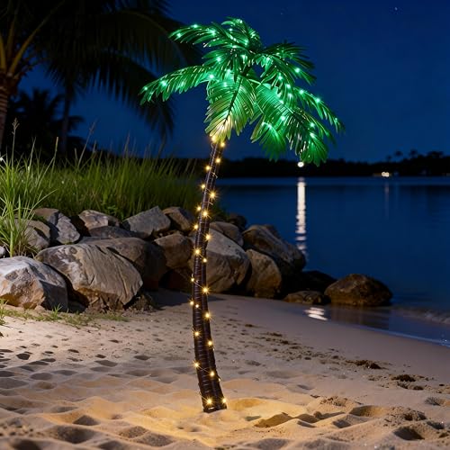 Lightshare 5 Feet Palm Tree 96LED Lights Artificial Fake Tree Decoration for Tiki Bar Outside Patio Porch Pool Christmas Nativity - size: 5ft