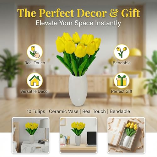 10 Stems Sunset Red Real-Touch Artificial Tulips with Premium Glazed Ceramic Vase – Modern Farmhouse Table Centerpiece（Premium Vase+ Sunset Red） - color: Premium Vase+ Sunset Red