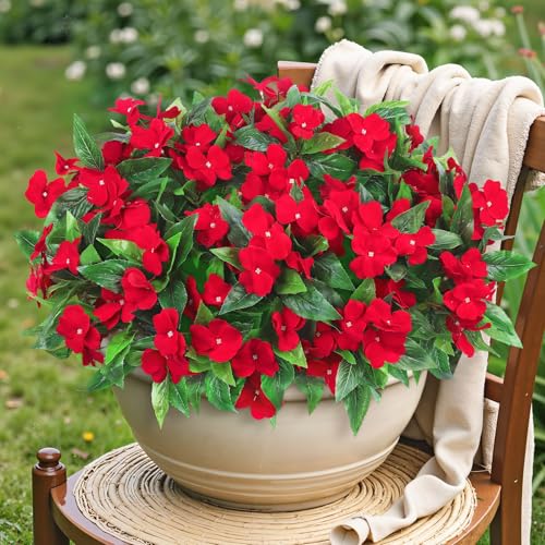 Ouddy Decor 6 Bundles Artificial Impatiens Flowers for Outdoors Decoration, Silk Flowers Bouquet Fake Plants UV Resistant for Spring Summer Garden Porch Window Box Balcony Home Decor, Red - color: Red