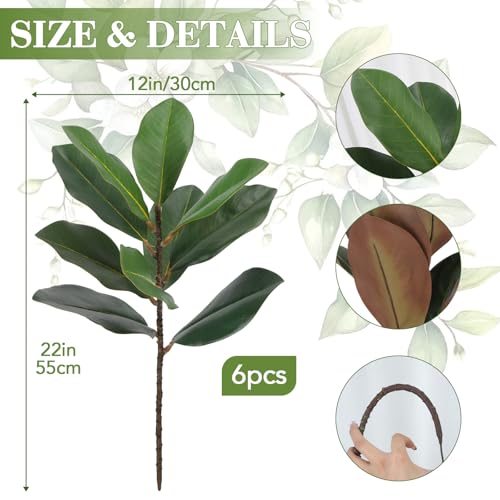 6 PCS 22" Magnolia Leaves Artificial Greenery Stems 3D Real Touch Faux Magnolia Branches Fake Bird of Paradise Decorative Plants for Vase Kitchen Office Table Home Decor - color: 6pcs Magnolia Leaves