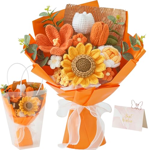 Crochet Flower Bouquet,Orange Knitted Flowers, Handmade Sunflowers Tulips Roses Bouquet for Valentine Day Birthday Anniversary Party Mother's Day Graduation Gifts(with Card) - color: Orange