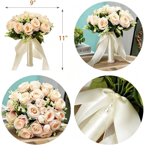 CYANLUX Wedding Bouquets for Bride Bridesmaid Bouquet Champagne White Artificial Roses Flowers for Wedding Valentine's Day Church Home Decoration (1#Champagne)… - color: 1#champagne