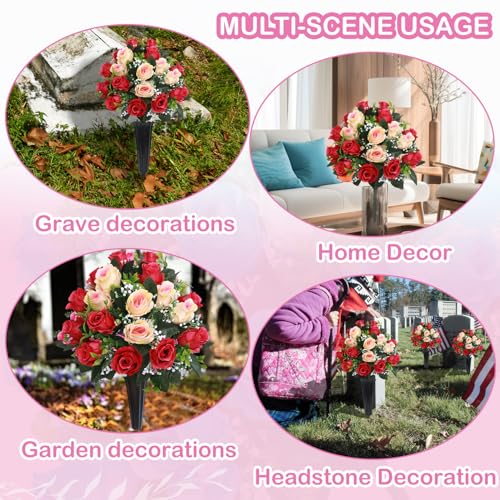 Lodou Set of 2 Artificial Cemetery Flowers, Memorial Flowers Bouquet,Grave Memorial Flowers with Vase for Cemetery Headstones Decoration (Rose red Beige) - color: Rose Red Beige